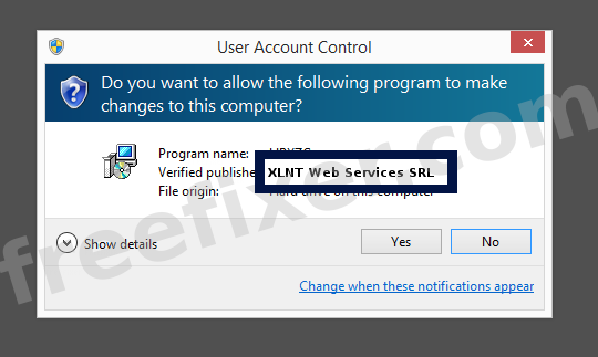 Screenshot where XLNT Web Services SRL appears as the verified publisher in the UAC dialog